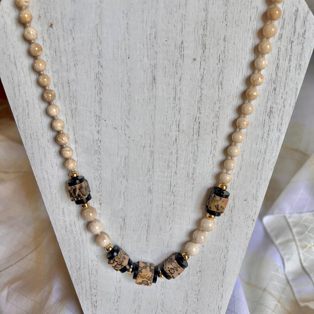 VTG Jasper Beaded Necklace Earrings, BOHO Semi Precious Jewelry Vintage